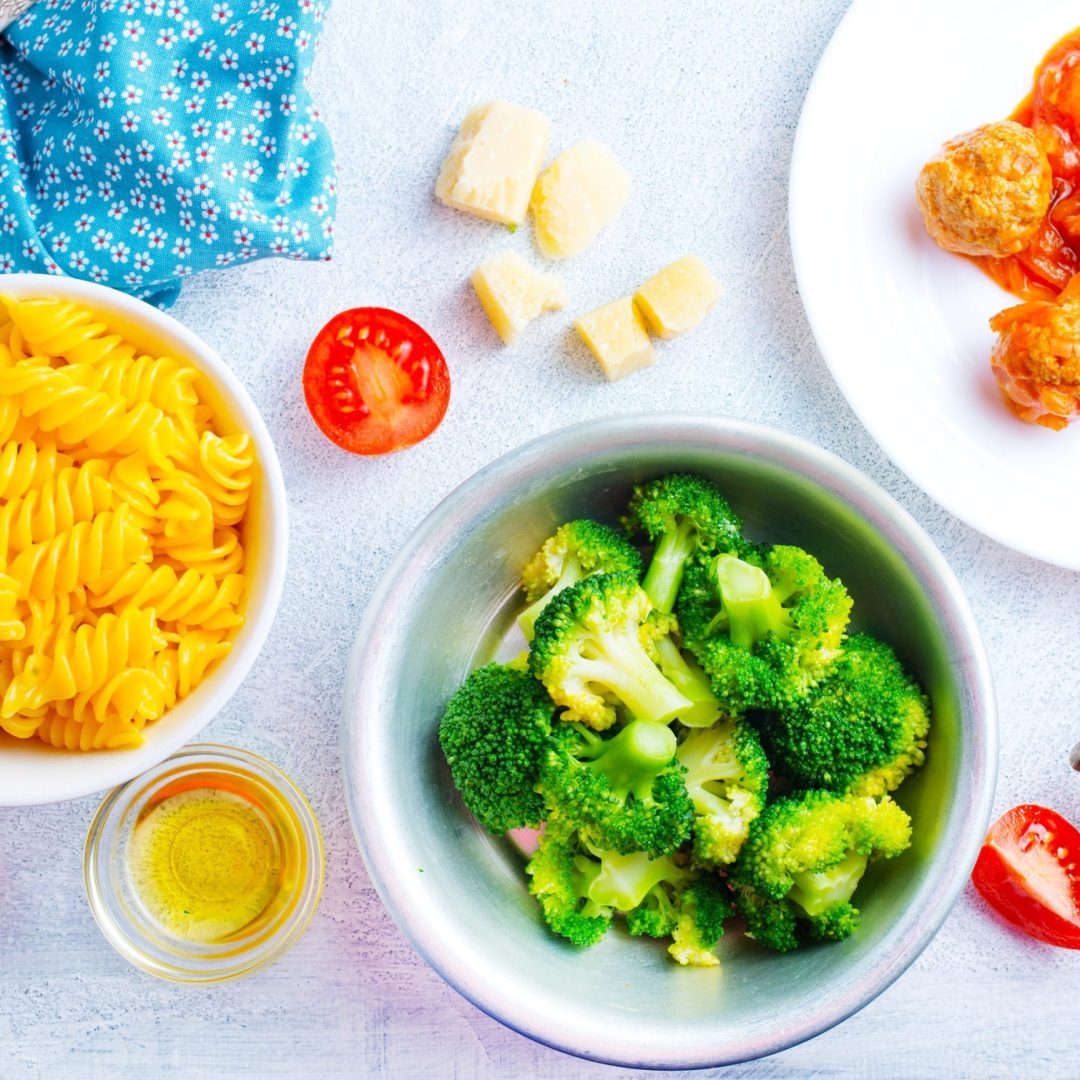 ingredients for pasta, pasta and broccoli, pasta and meatballs